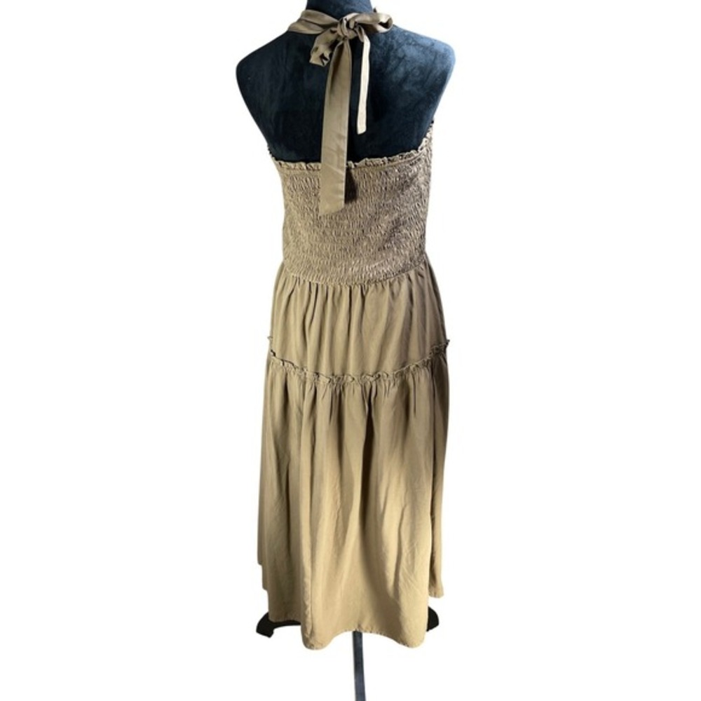 PRETTY‎ GARDEN Smocked Halter Tiered Midi Dress Olive Green Women L boho picnic - Picture 3 of 9